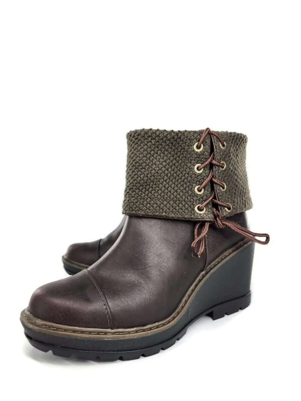 Timberland Kellis Brown Leather Olive Fold Down Side Lace Lug Sole Ankle Boots